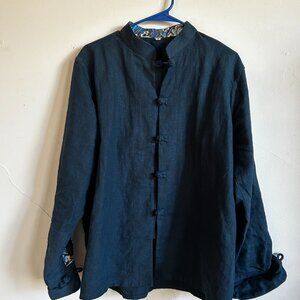 Mandarin Collar Linen Jacket (Navy Blue, M)
